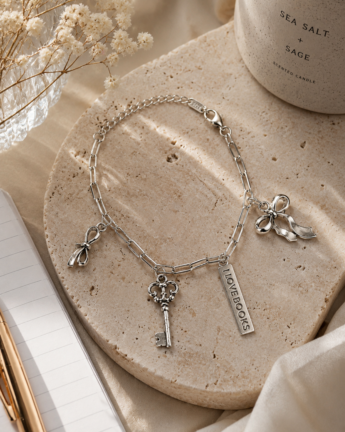 GGB Charm Bracelet - I Love Books & Bows